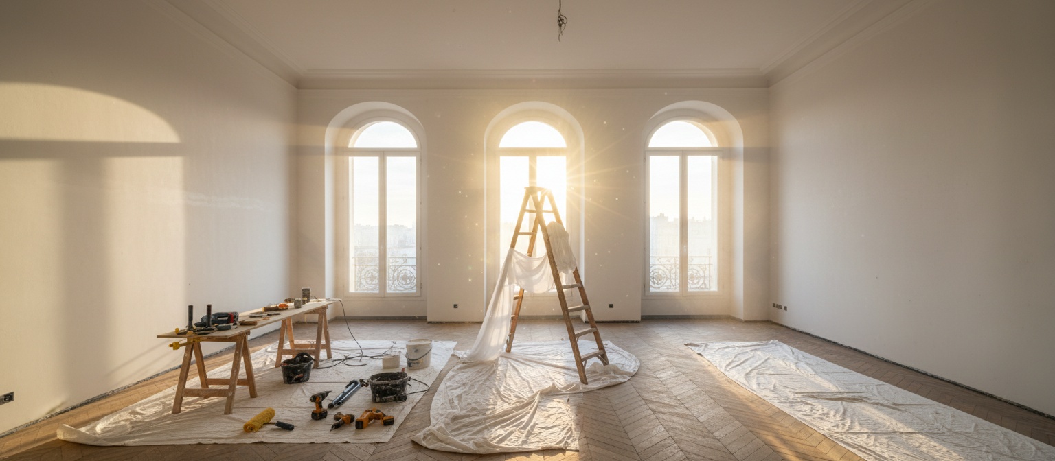 Chantier WEBUILD dans un appartement haussmannien de Marseille, lumière du matin dans trois baies en plein cintre
