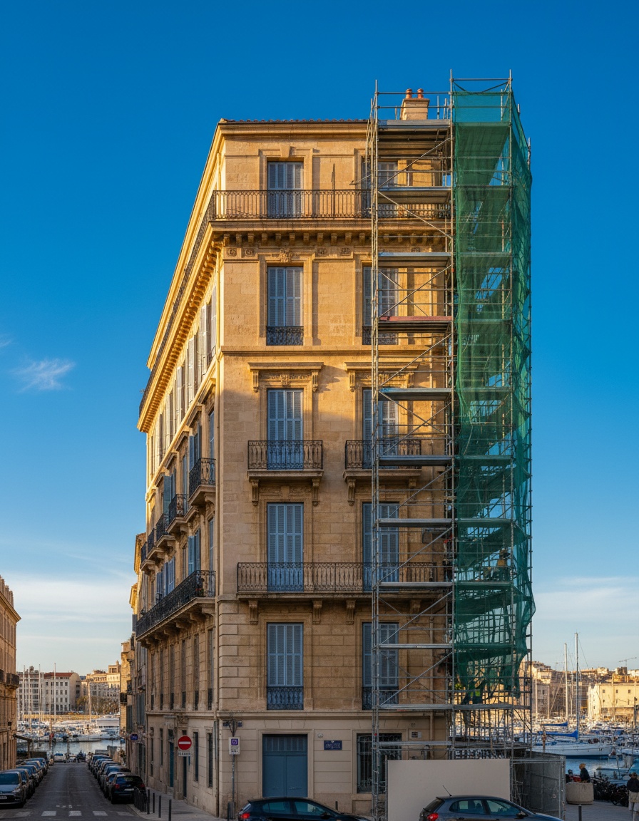 Immeuble en pierre du Vieux-Port en cours de rénovation, échafaudage sur la façade