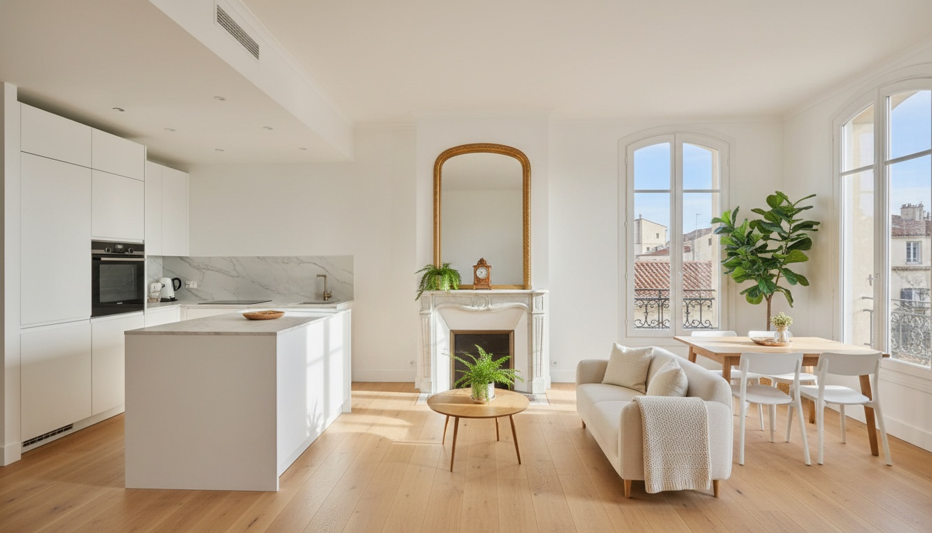 Séjour rénové avec cuisine ouverte dans un appartement haussmannien de Marseille 6e